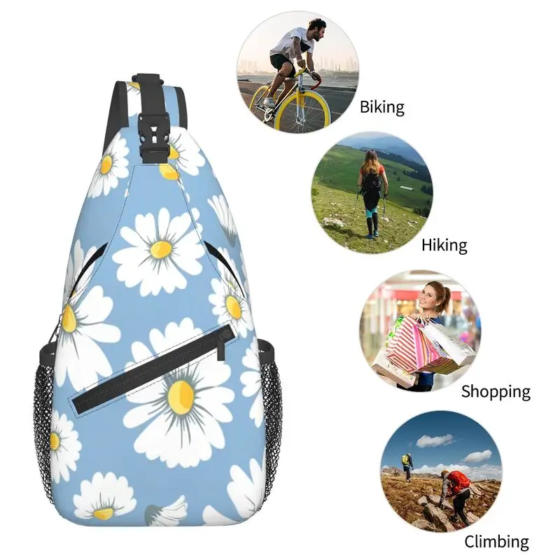 Margarida pequena flor padrão bolsa de peito, bolsa de ombro feminino, esporte e lazer masculino, oblíqua bolsa de Straddle, na moda