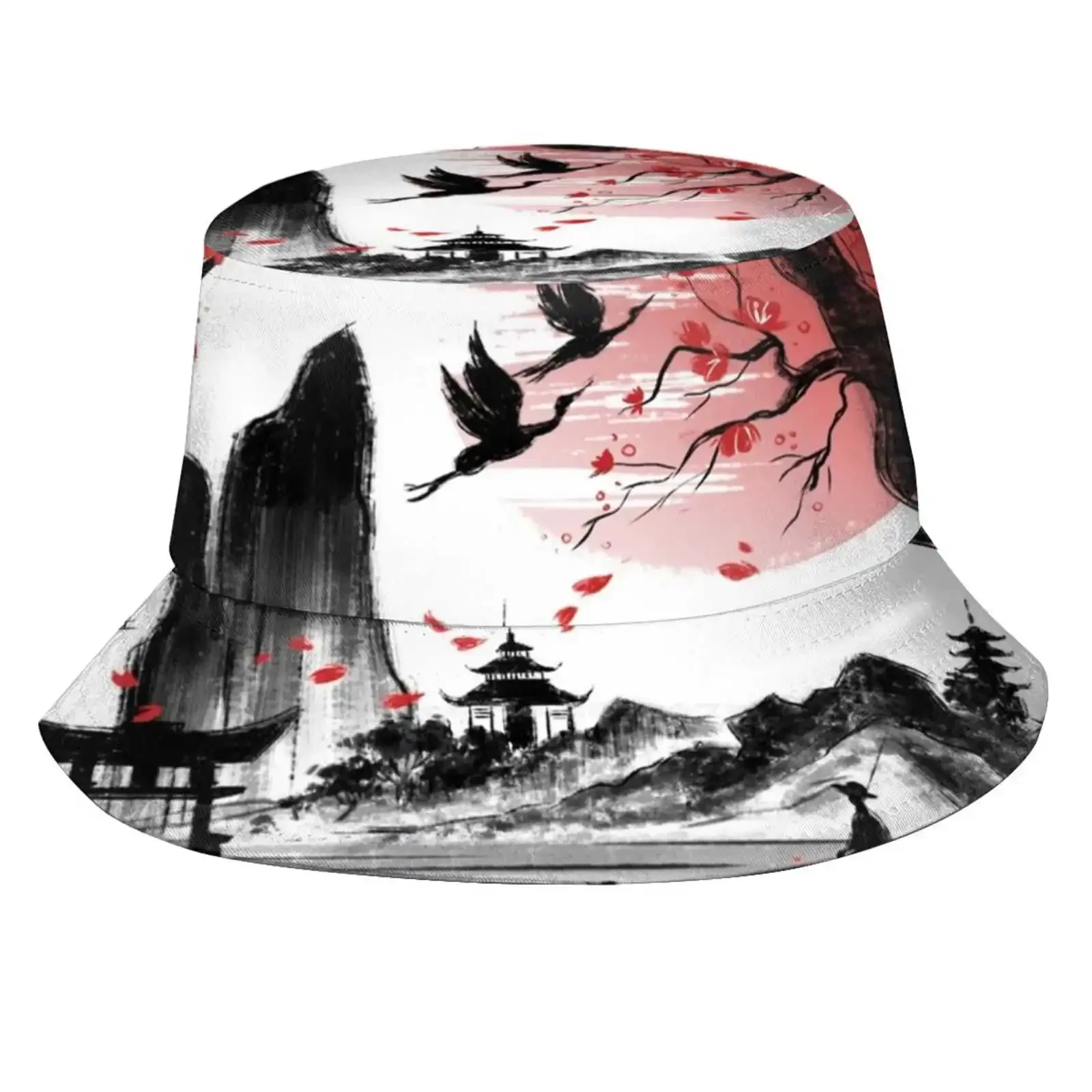 Japan Dream Print Bucket Hats Sun Cap Japan Sketch Landscape Red Sun Sakura