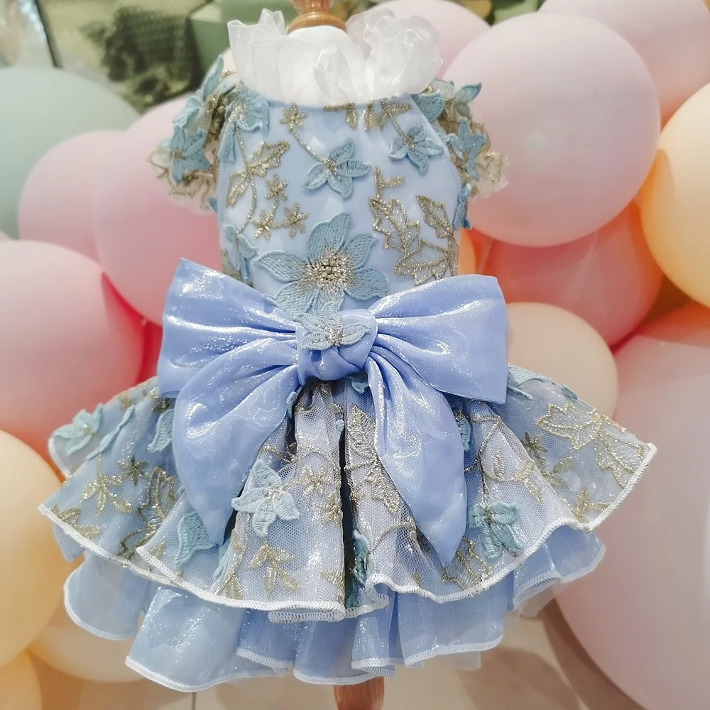 Handmade Dog Clothes Pet Supplies Wedding Dress One Piece Fresh Light Blue Tulle Lace Embroidery Skirt Spring Holiday Costume