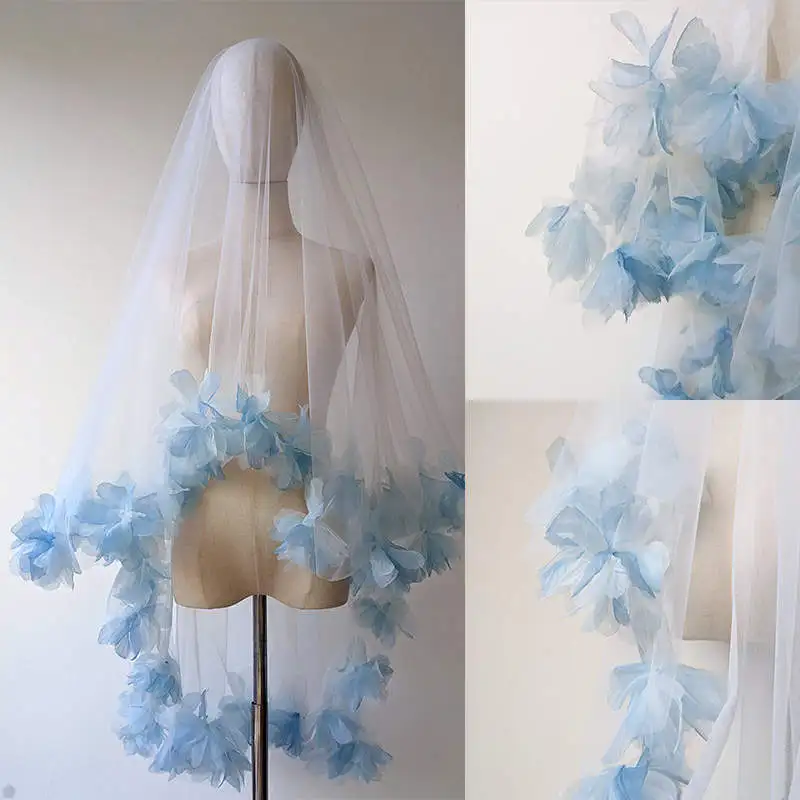 Fashion Appliques Wedding Veil Blue Handmade Flowers One Layer Long Fingertip Length Bridal Veils  Velo De Cabeza