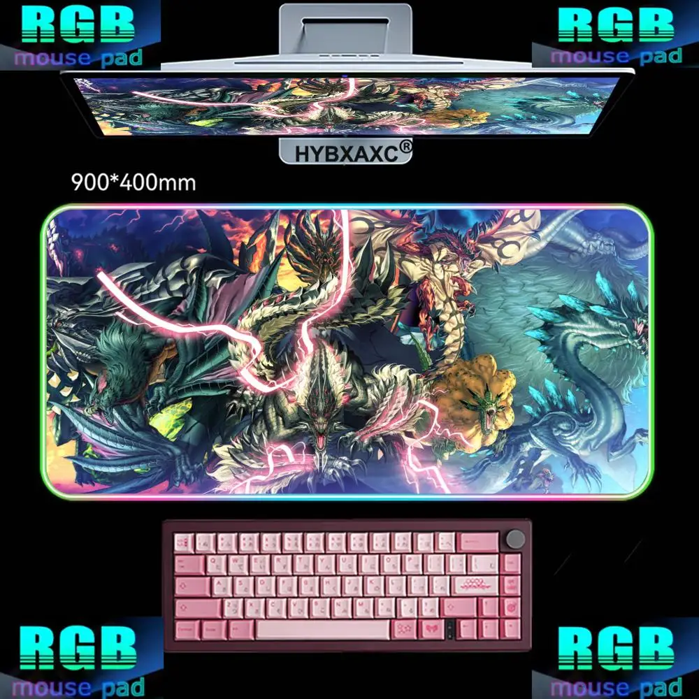 HYBXAXC HD Printing MousePad Game Monster Hunter Wilds Mouse Pads RGB Gaming Mouse Pad Desk Mat HD Gamer Large LED Light XXL