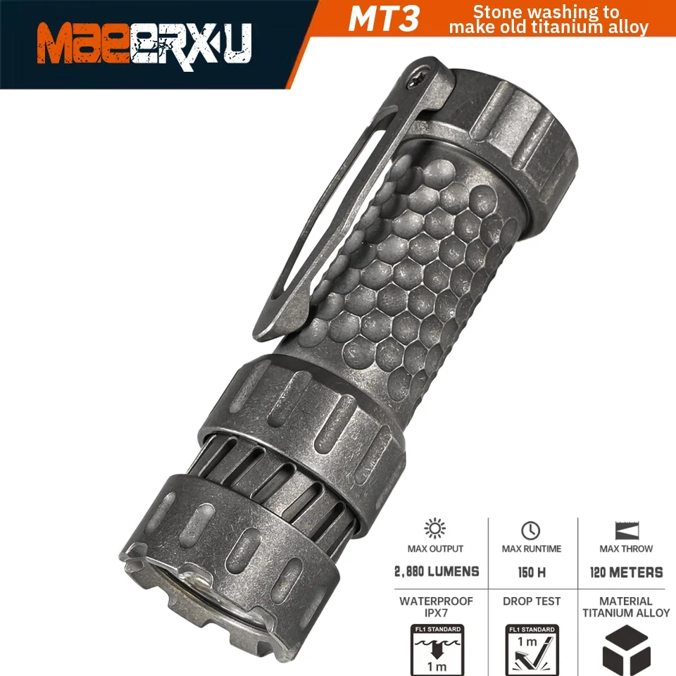 Maeerxu MT3 Stone Wash Titanium Flashlight 2880 Lumens LED Flashlight 18350 Battery High Power Torch for Bicycle and Fishing