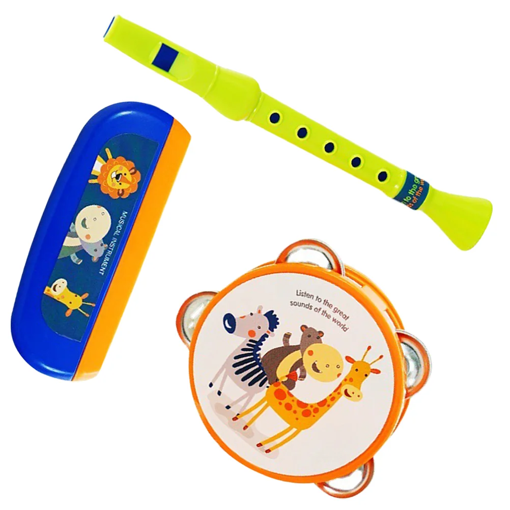 Children Musical Instrument Tambourine Drum for Kids Beginner Harmonica Flute Piccolo Three Piece Suit