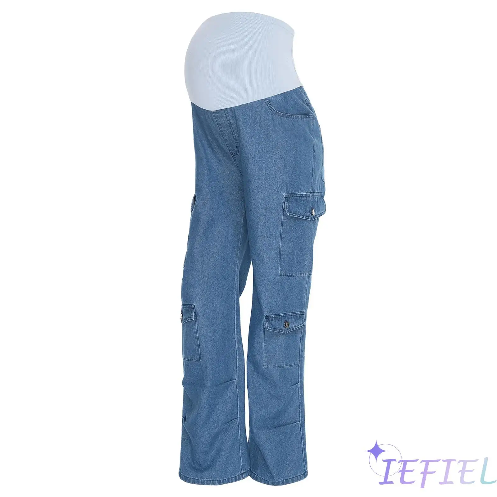

Pregnant Women High Waist Cargo Jeans Stretchy Over Belly Maternity Jeans Elastic Waistband Straight-Leg Denim Pants with Pocket