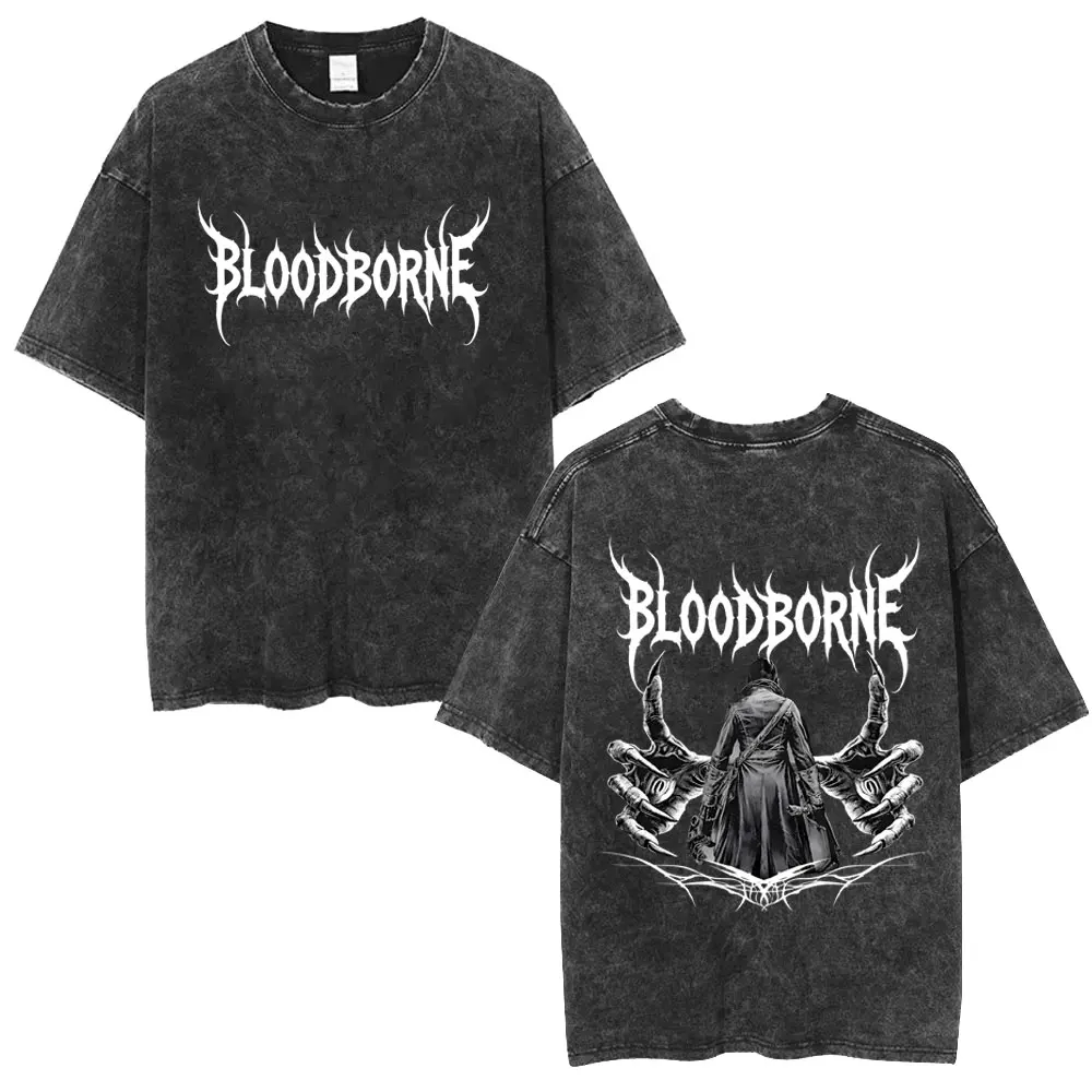 Washed Vintage Game Bloodborne Print T-shirt Men Women Retro Gothic Rock T Shirts Men's High Quality Cotton T-shirts Streetwear