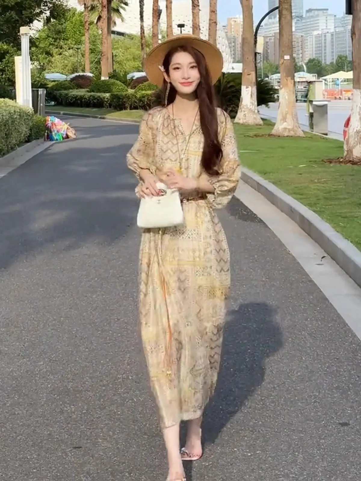 Floral Print Slimming Long Dr Women's Spring Summer New Sle Comfortable A-Line Midi Dr V-Ne Svel Tea Break De...