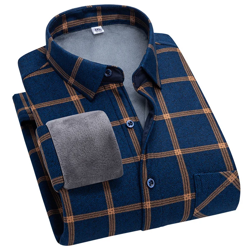 Autumn Winter Men's Fleece Plush Thickened Warm Plaid Shirt Turn Collar No Ironing Comfortable Long Sleeve Shirts Jacket