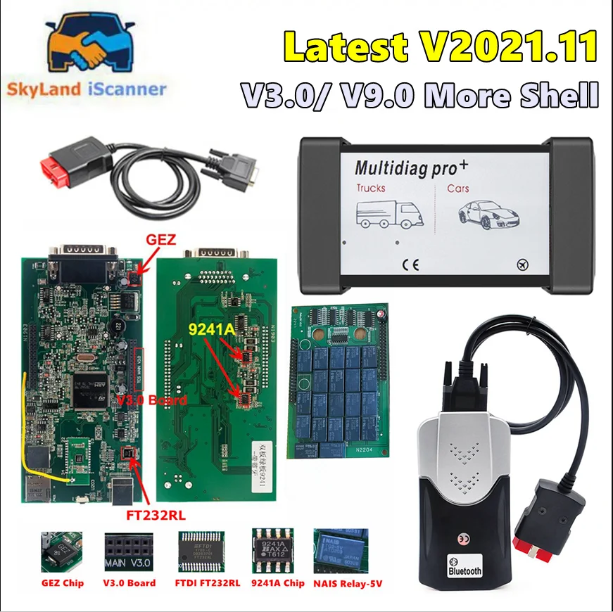 Multidiag Pro+ 2017.R3 2021.11 2020.23 BT USB V3.0 V9.0 Dual Green PCB Board TCS PRO+ Red Blue NEC Relays Car Diagnostic Scanner