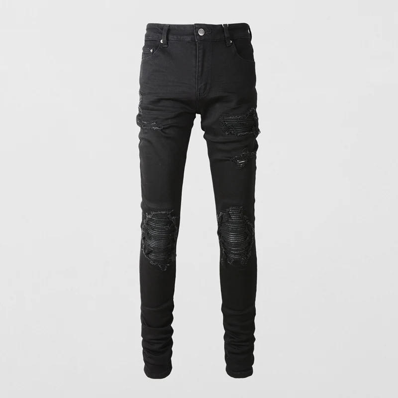 Fashionable new men's jeans, washed, nostalgic, elastic, slim fit, perforated, patchwork patch, black jeans, high street designe