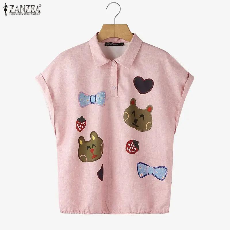 

Женская футболка ZANZEA с милым мультяшным принтом, отложным воротником, короткими рукавами-поло, эластичным низом, летняя повседневная женская футболка, размер 3XL