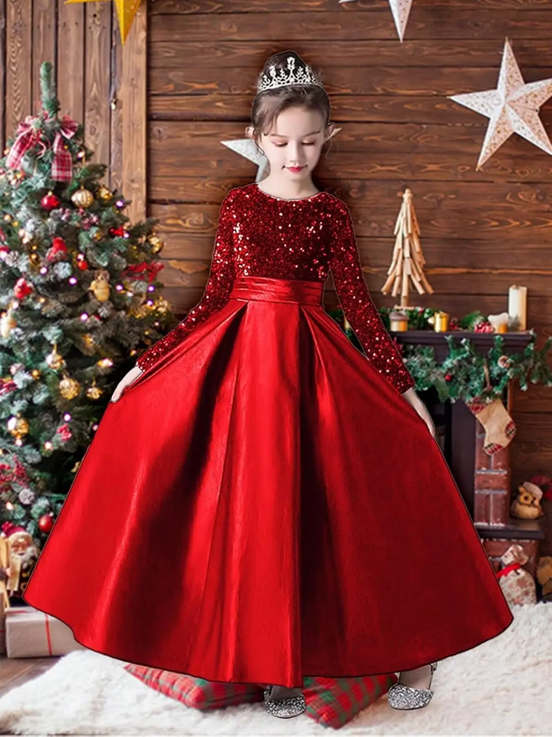 Gaun Gadis Bunga Lengan Panjang Gaun Natal Satin Payet Pita Besar Gaun Formal Pesta Gadis Bunga untuk Pernikahan Gaun Putri