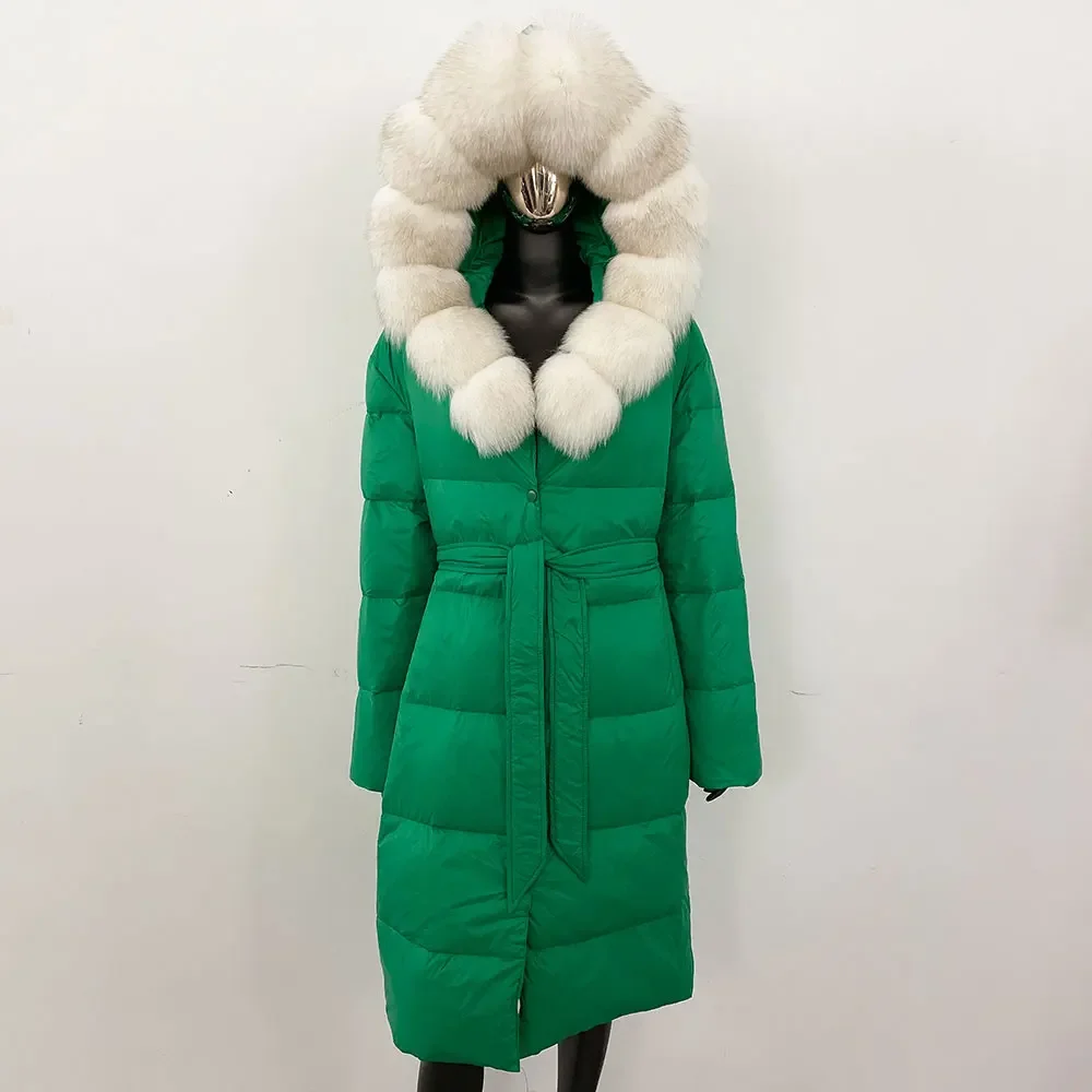 معطف أبيض مبطن للنساء موضة فرو الراكون الطبيعي شتوي كبير بقلنسوة سترات طويلة للأسفل سترات نسائية سميكة من الفرو الحقيقي #5