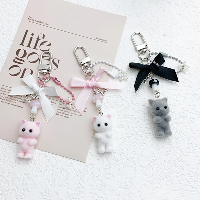 Kawaii Flocked Kitten Bow Beaded Keychain Plush Cat Doll Mobile Phone Chain Earphone Camera Chain Bag Pendant Decoration 3Color