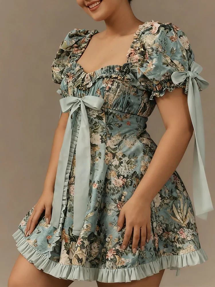 New Plus Size Women's Lace Square Collar Mini Dress With Floral Print Lantern Short Sleeves Dress Party Elegant Evening Dresses