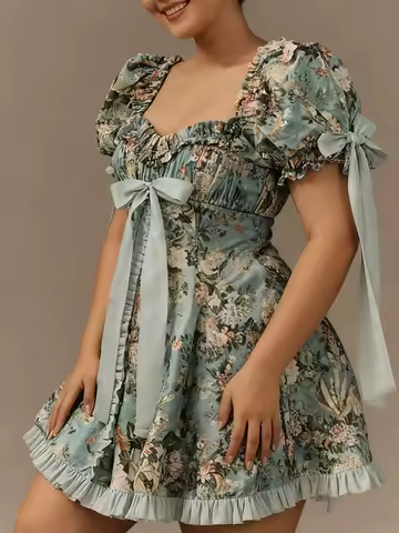 New Plus Size Women's Lace Square Collar Mini Dress With Floral Print Lantern Short Sleeves Dress Party Elegant Evening Dresses