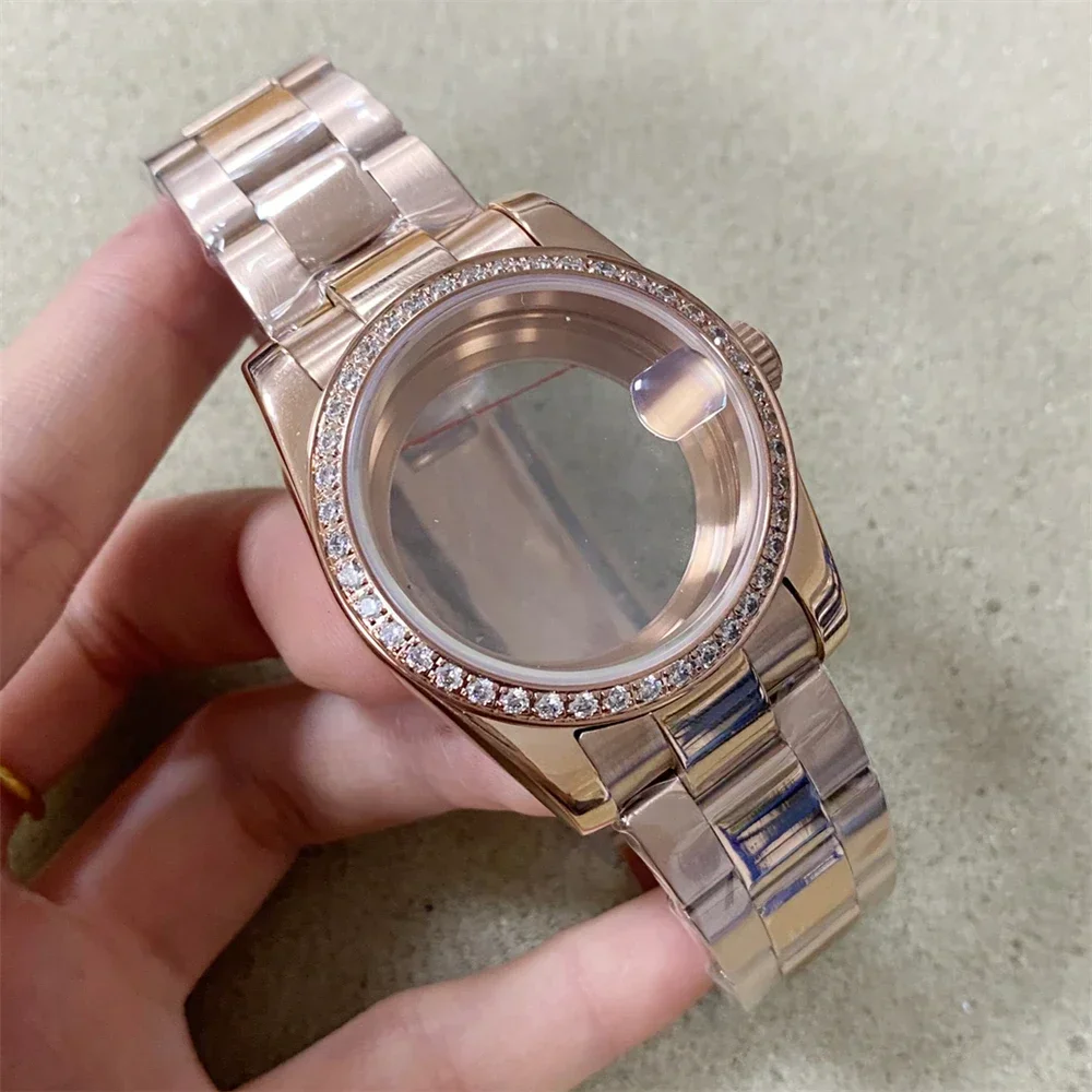 

36mm 39mm Case Strap Set Rose Gold Transparent Steel Bottom Sapphire Glass Watch Case Fits for NH35 NH36 4R Movement Men Women