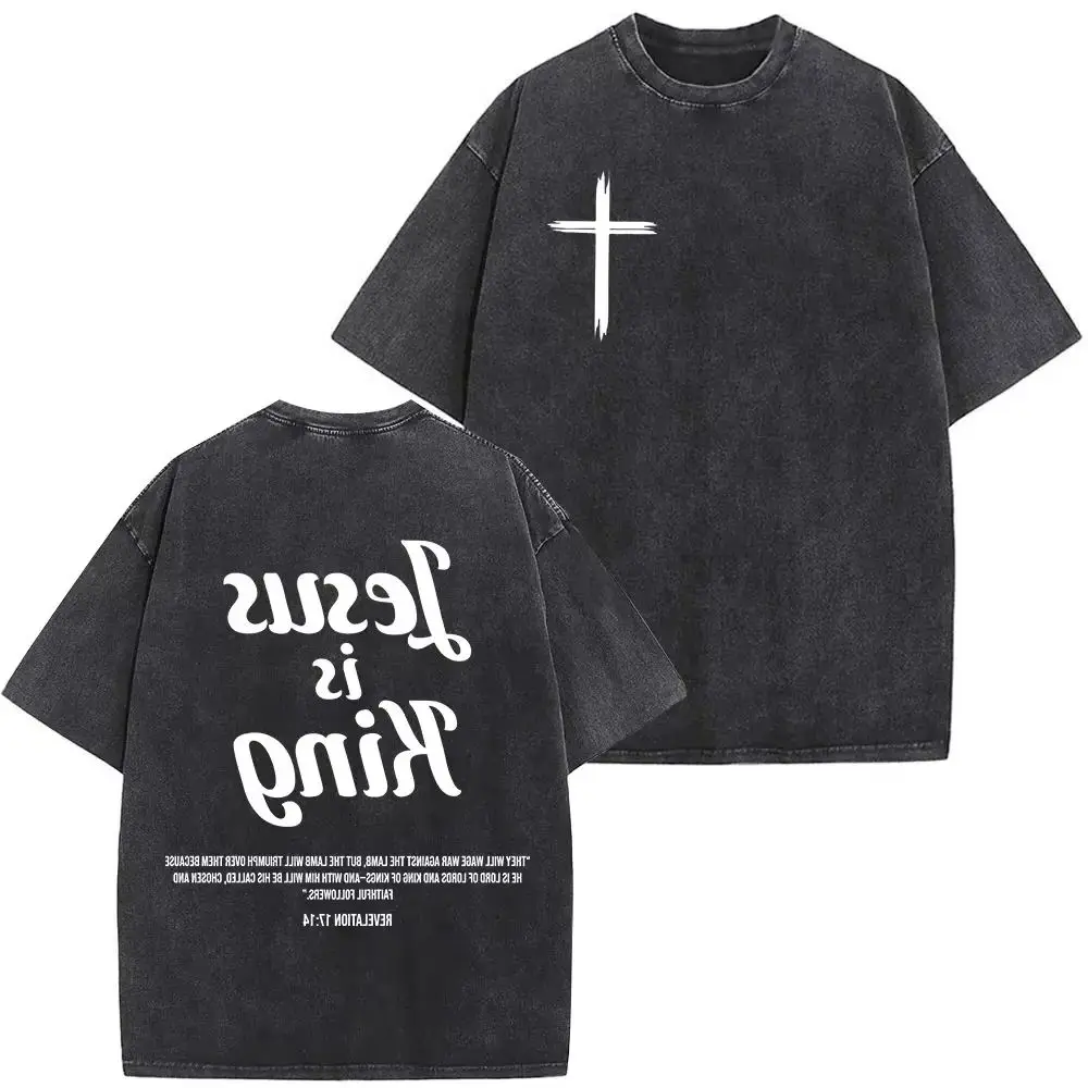 

Christian Jesus Is King Bible Verse Vintage Washed T-shirts Men Women Fashion Hip Hop Oversized Streetwear Unisex Casual Tshirt