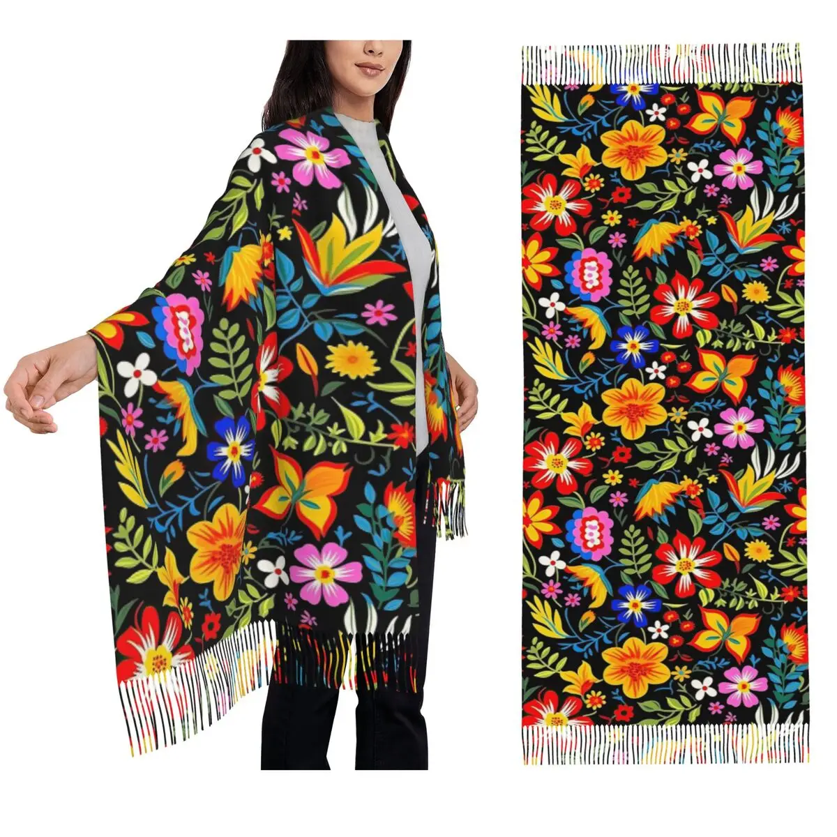 Mexican Vintage Flroal Rebozos Mexicanos Scarf Tassel Scarves for Women Soft Warm Shawls and Wraps Long Fall Winter Shawl Wrap