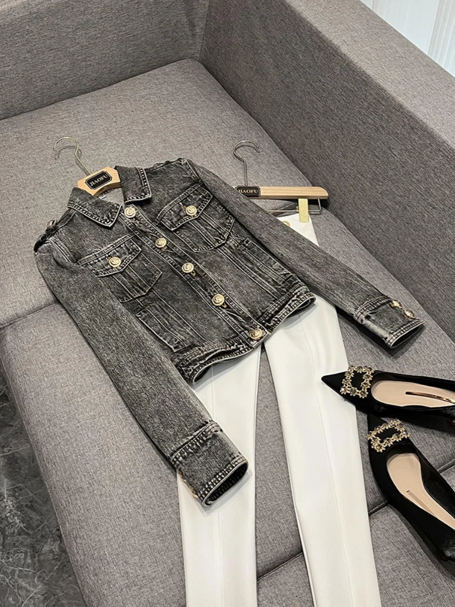 

Новинка 2025, облегающее джинсовое пальто со звездой и головой льва A870, женское джинсовое пальто из ткани, длинное пальто Sve ort