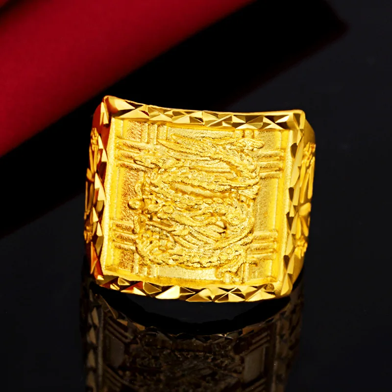 9999 24K Real Gold Ring, Domineering Dragon Pattern Boss\'s Good Luck Ring, Men\'s and Women\'s Dragon Head Ring Father\'s Gift
