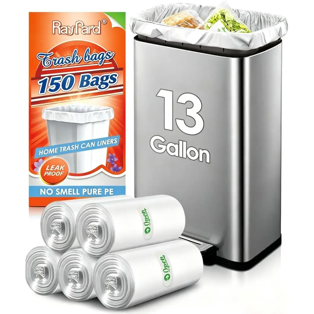 150 Count Heavy Duty 13 Gallon Kitchen Trash Bags - Clear, Ideal for 50L Waste Baskets, Suitable for Home and Office Use