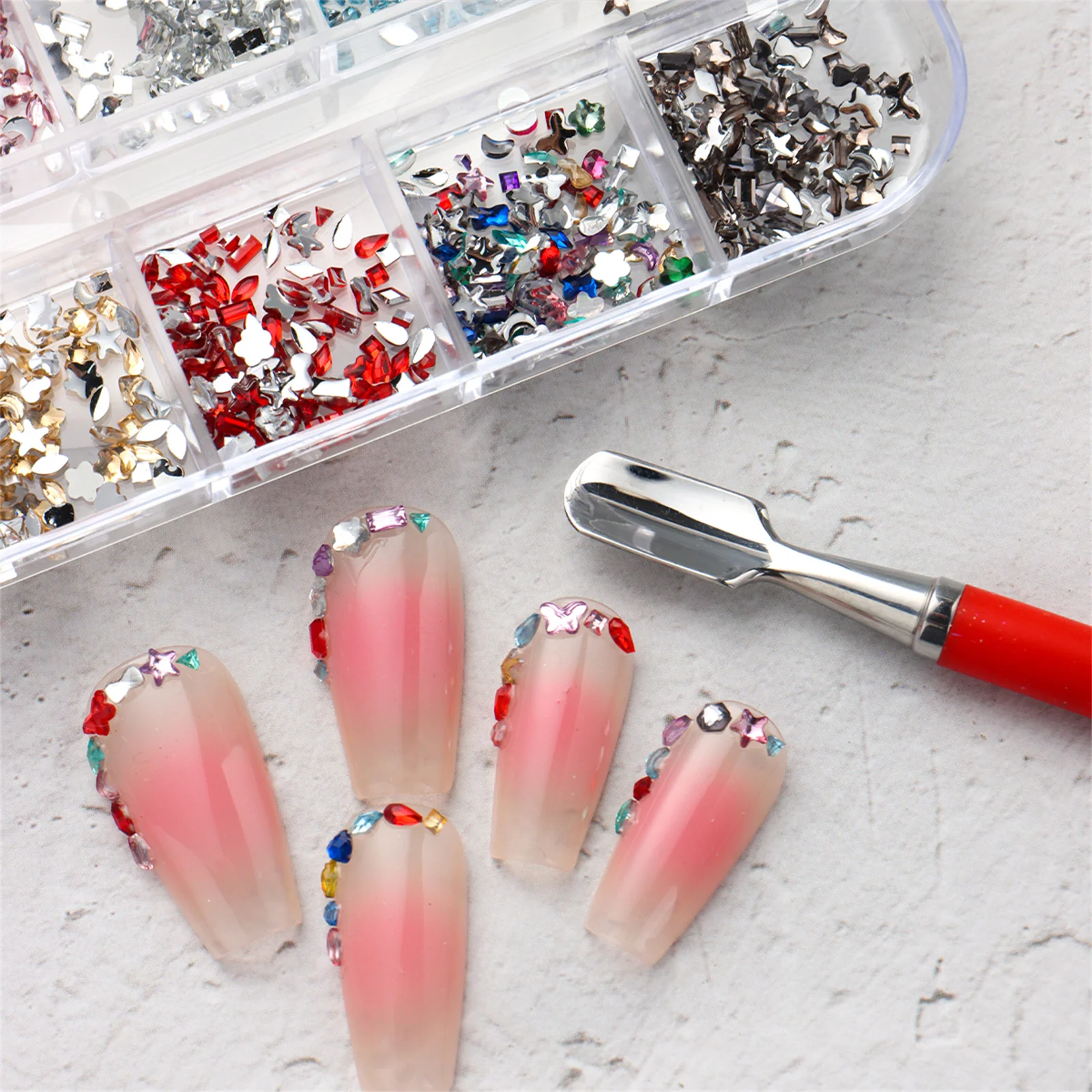12 Grids Mixed Shapes Colorful Acrylic Nail Art Flat Back Rhinestones for Professional Salon and DIY Manicure Ornaments