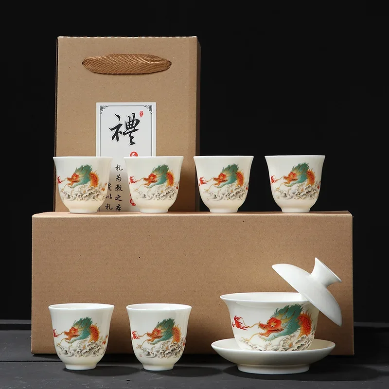 mutton fat jade porcelain tea set hoverable covered bowl tea set suit