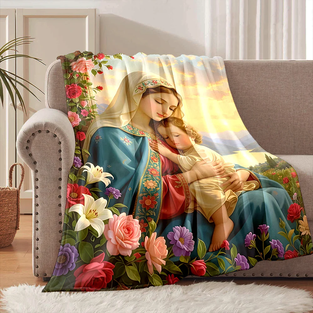 Virgin Mary Embracing the Holy Infant in the Garden at Sunset Faith-printed Flannel Blanket Soft Warm for Home Travel Picnics