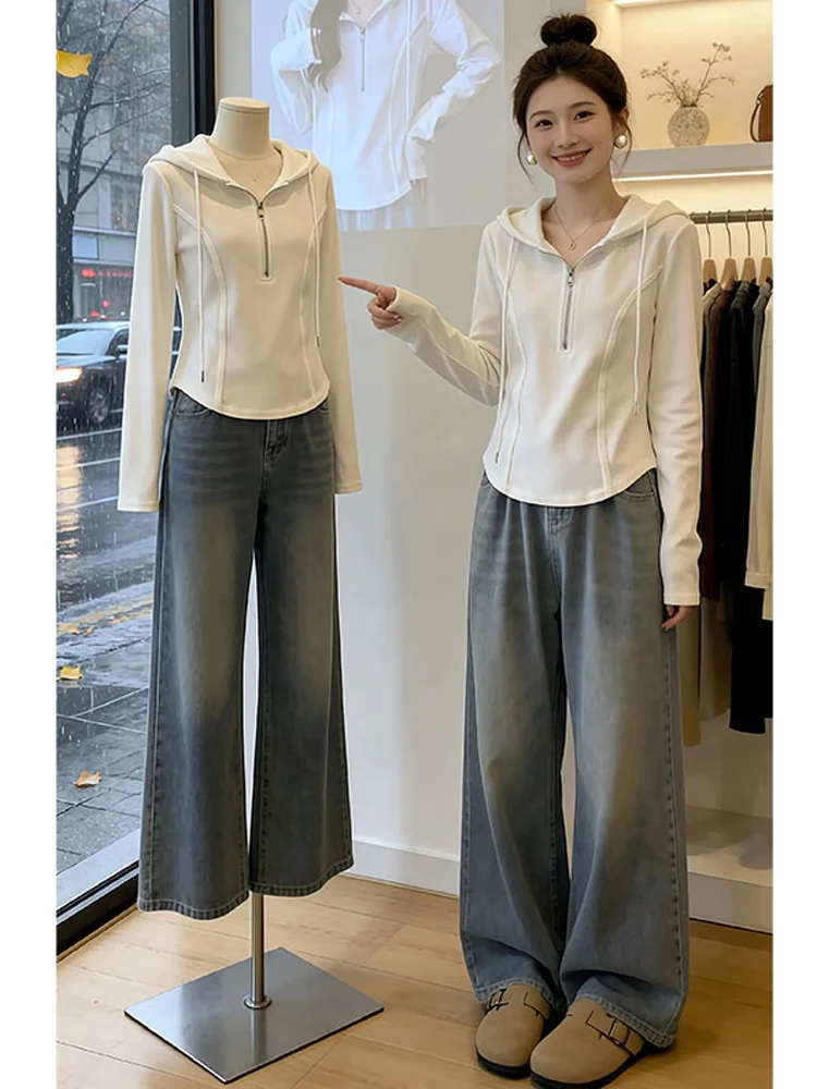 Slimming Design Half Zipper Long Sleeve T-Shirt Women's Spring Autumn New Style plus Size Casual Loose Fit High Waist Top