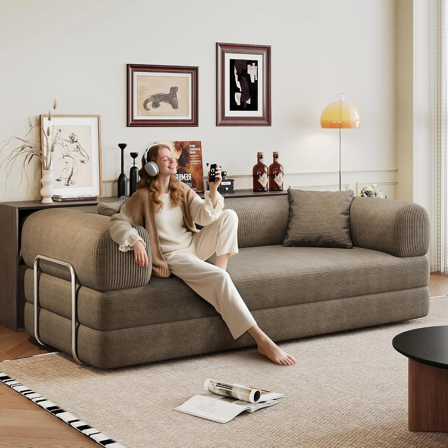 Queen Sleeper Sofa With Memory Foam, Foldable Convertible Corduroy Couch For Small Spaces, 79