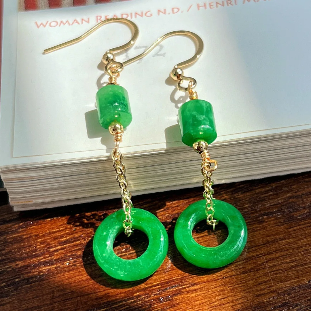 

Серьги из сухого зеленого нефрита с имитацией жадеита, обернутые золотом 14 карат, серьги-гвоздики из зеленого нефрита Ян, пряжка, длинные серьги, новые чи