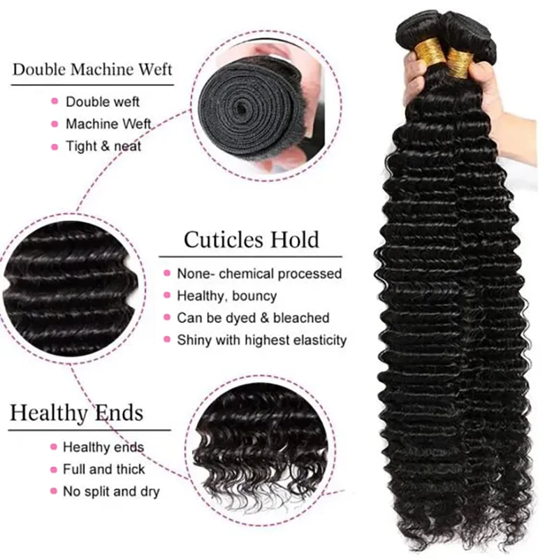 Extensiones de cabello humano de onda profunda con cierre, 3 mechones con Frontal 100% sin procesar, encaje 13x4