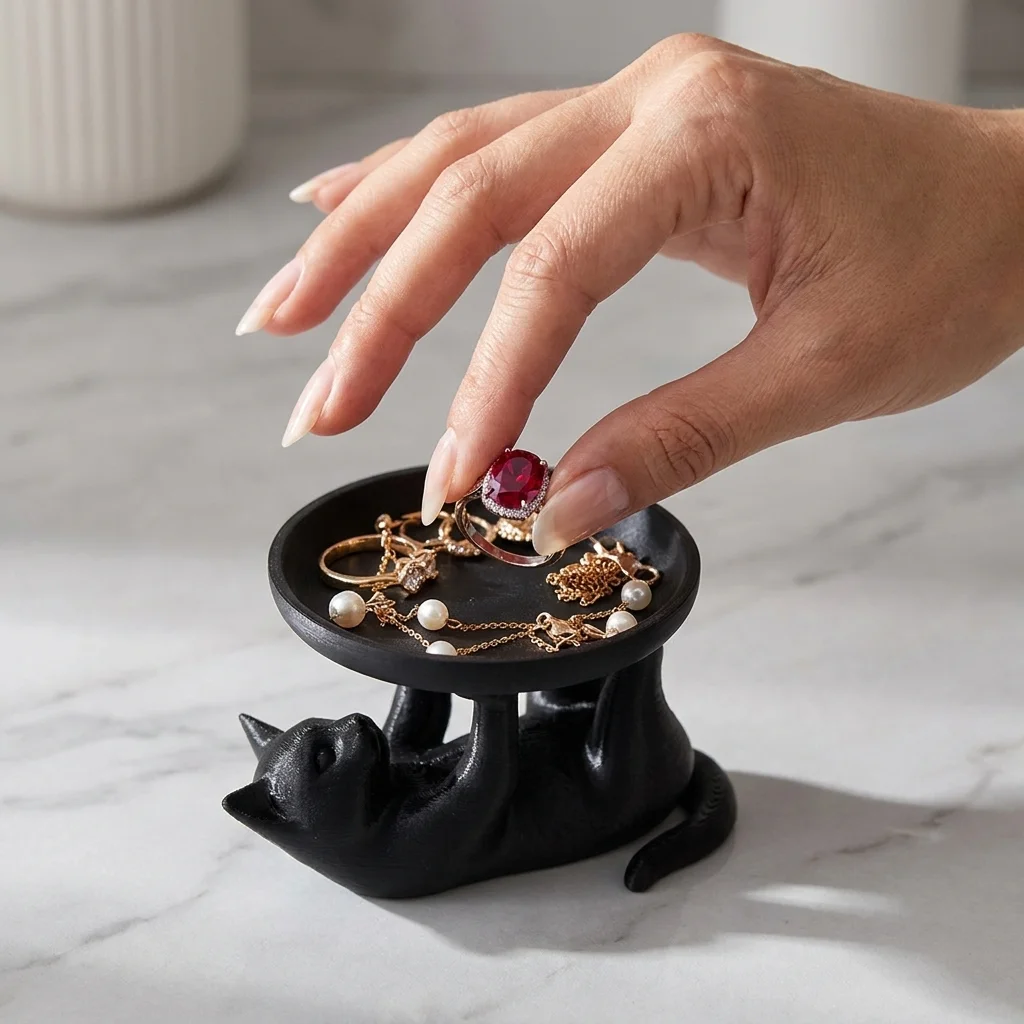 3D Printed Cute Cat Jewelry Tray Desktop Storage Rack Entrance Home Decor Ornament