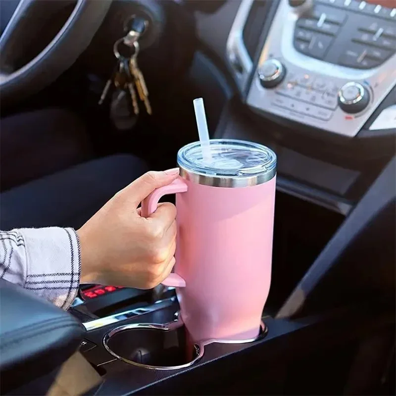 Tazas de viaje calientes aisladas de acero inoxidable de 40oz, botella de agua térmica al vacío, taza de café para coche, frasco frío con mango de paja