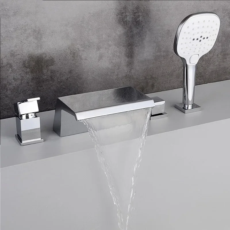 Imagem -05 - Gold Brushed Waterfall Bathtub Faucet Grupo Latão Sólido Preto Buracos Torneira Misturadora de Água Quente e Fria Banheiro Pcs