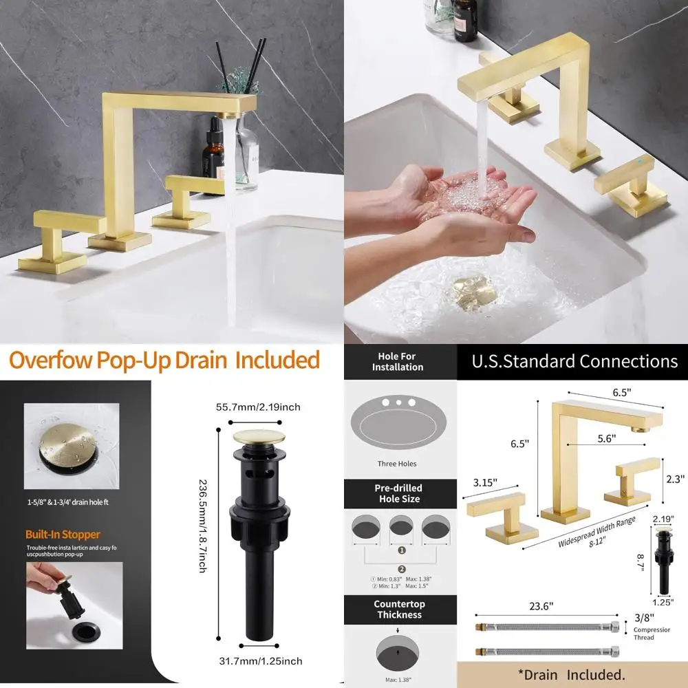 

Two-Handle 8-Inch Widespread Brushed Gold Bathroom Sink Faucet with Overflow and Pop-Up Drain, 304 Stainless Steel