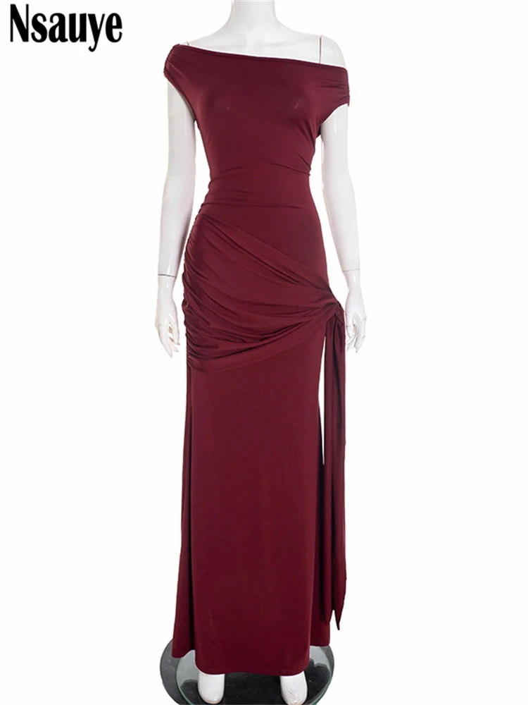 Nsauye エレガントな女性用ワンショルダーセクシーレースアップロングボディコンファッションドレス2025アウトフィットブラックナイトクラブパーティーイブニングドレス