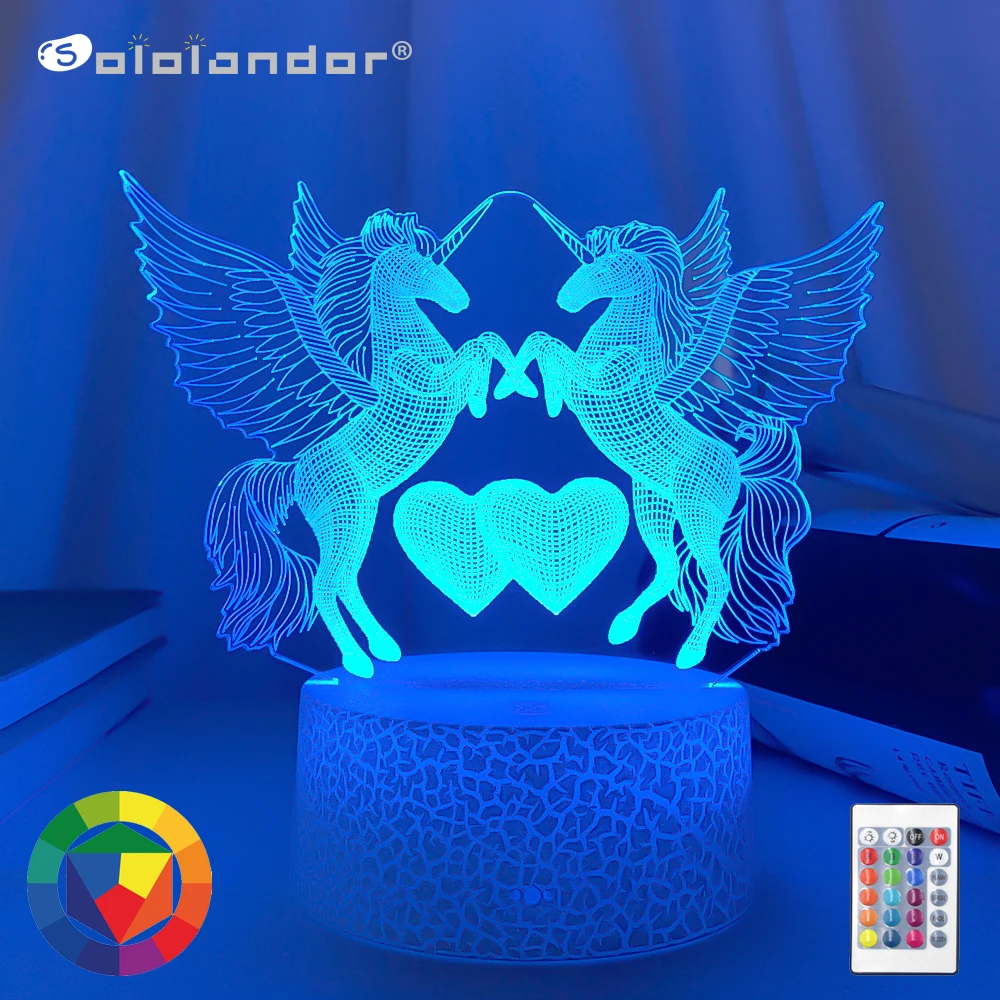 Newest 3W Remote Or Touch Control 3D LED Night Light Double Horse Shaped Table Lamp Xmas Home Decoration Lovely Gifts For Kids