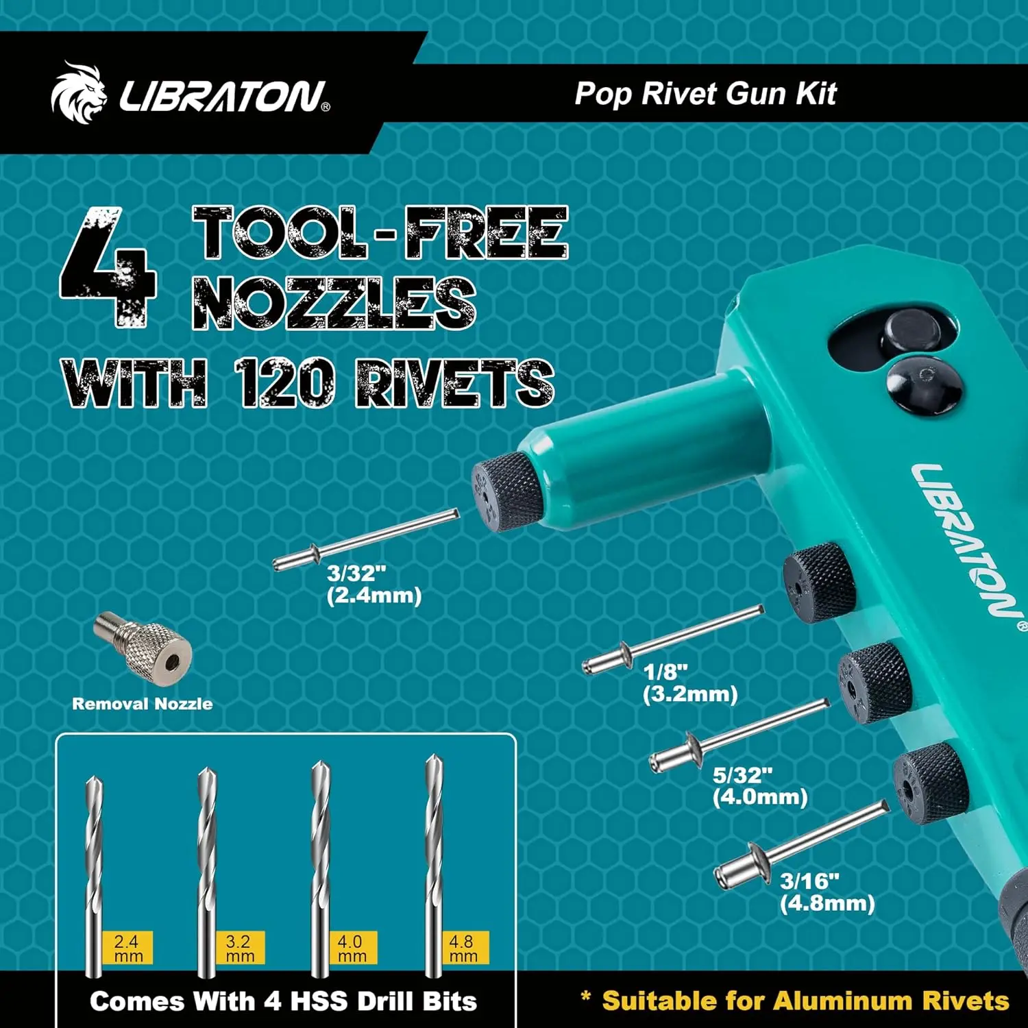 Imagem -02 - Kit Libraton Rivet Gun Ferramenta de Rebite Manual para Serviço Pesado 120 Rebites Cegos Brocas Hss Livre Intercambiável 1pc