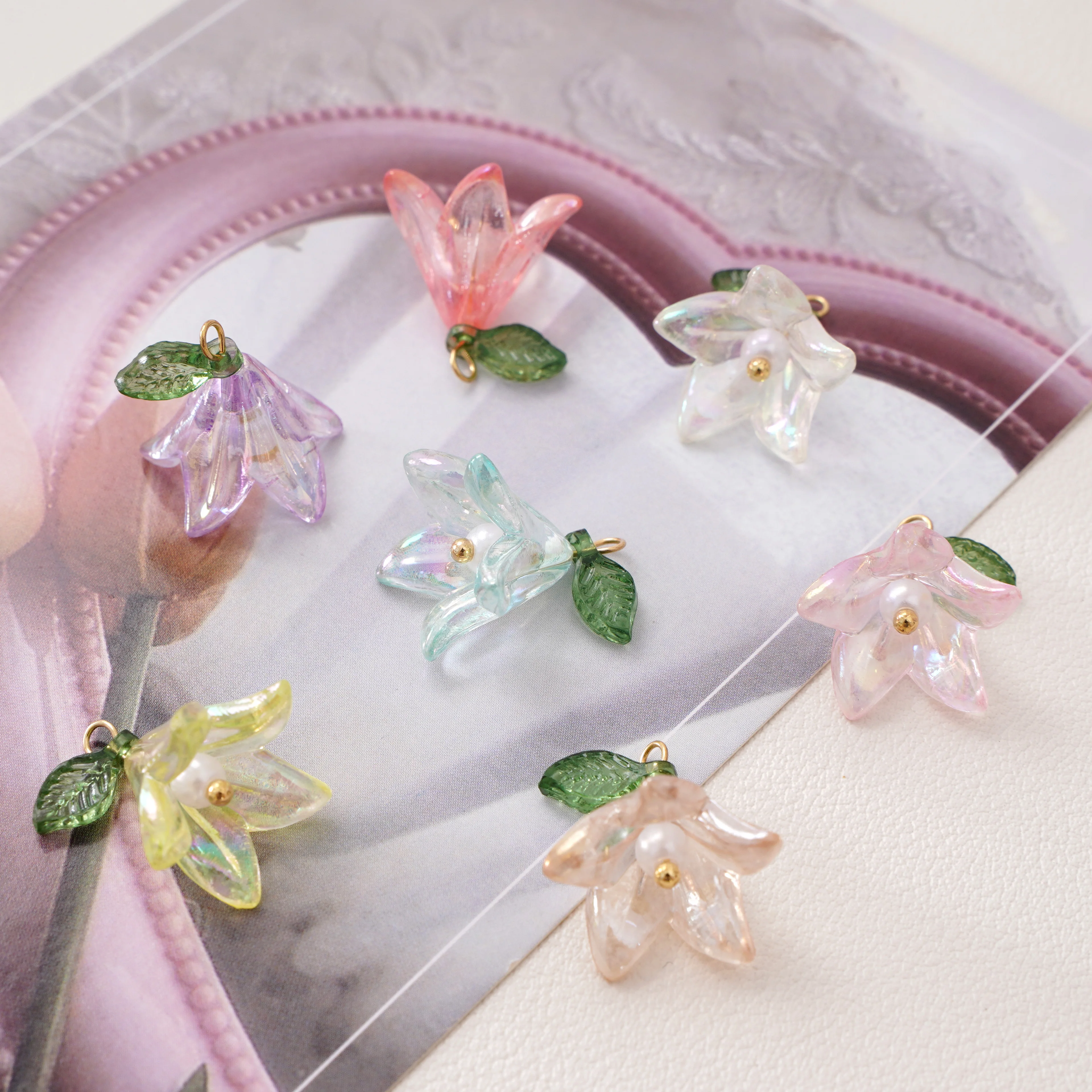16x17mm 2-10pcs/bag Acrylic Pearl Charms Pendants Lily Flower Unique Shape Pendants Handmade DIY Making Necklace Materials Gifts