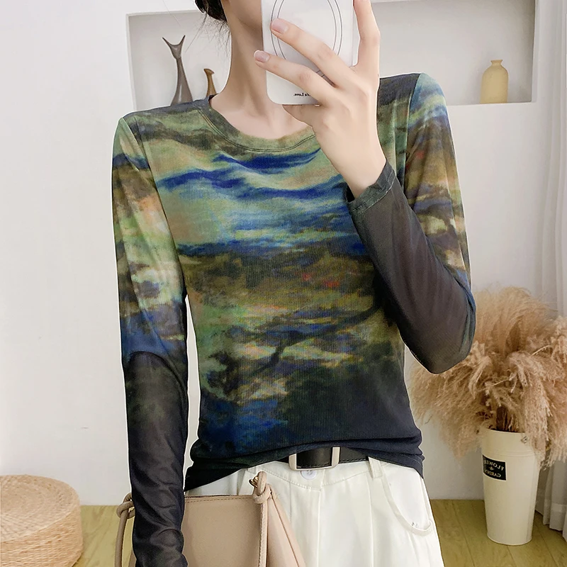 Early Autumn Printed Mesh Long Sleeve Top - Women's Retro Slim Fit O Neck Stretch T-shirt for Layering