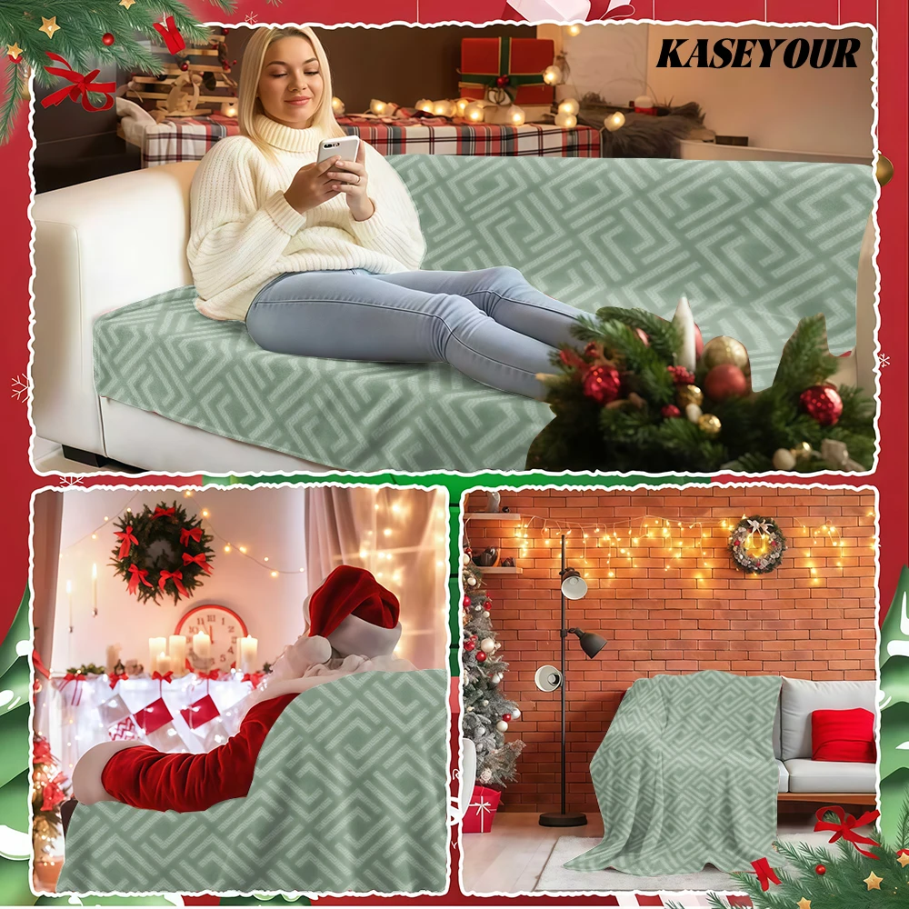 Light Sage Green Geometric Greek Key Flannel Blanket Soft Fuzzy Plush Cozy Throw for Sofa Bed Couch Home Decor