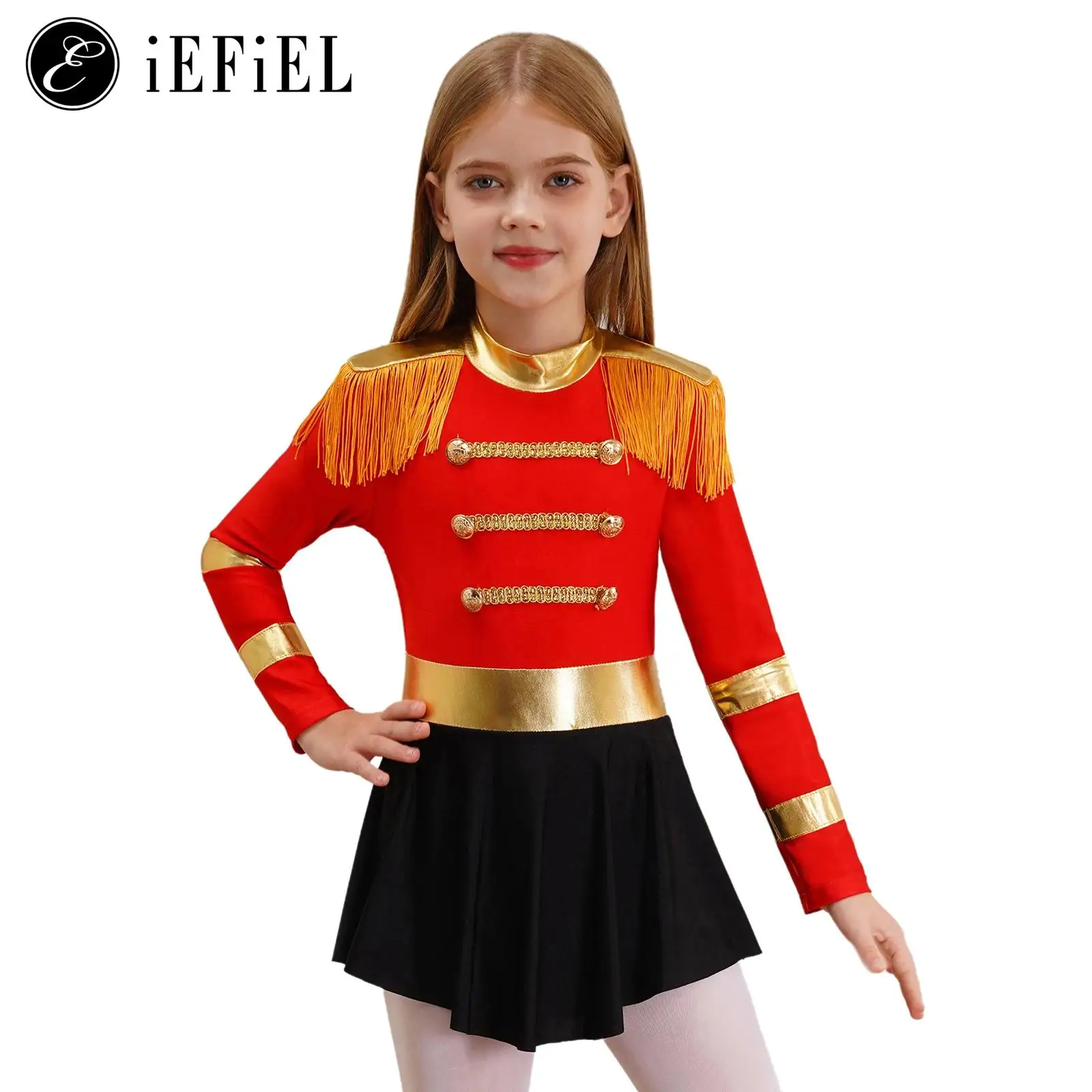 Girls Ringmaster Circus Show Dance Costume Shiny Long Sleeve Tassel Tutu Dress Drum Majorette Uniform for School Festival