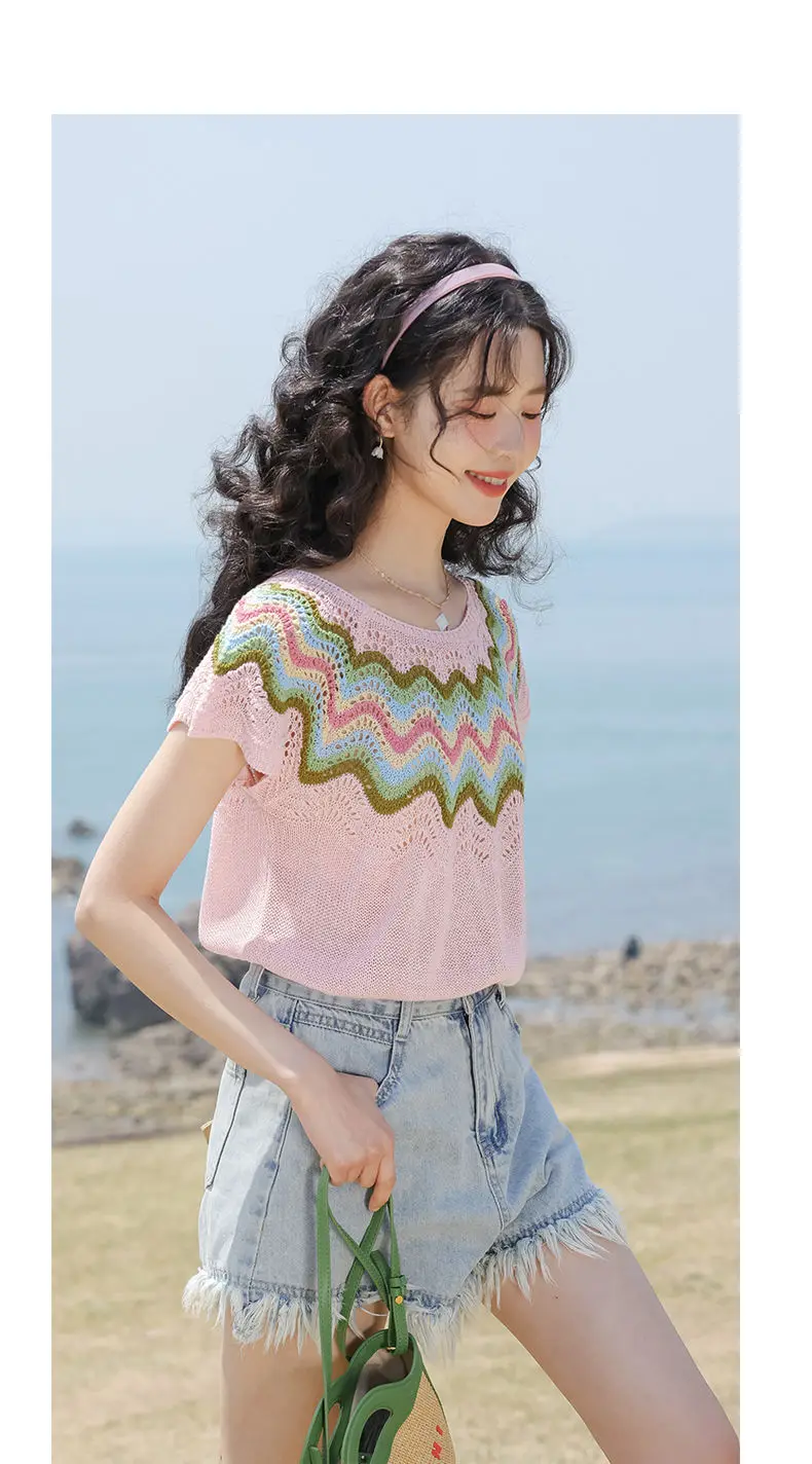 سترة فرنسية مجوفة حلوة للنساء مع بلوزة صغيرة رفيعة وفضفاضة