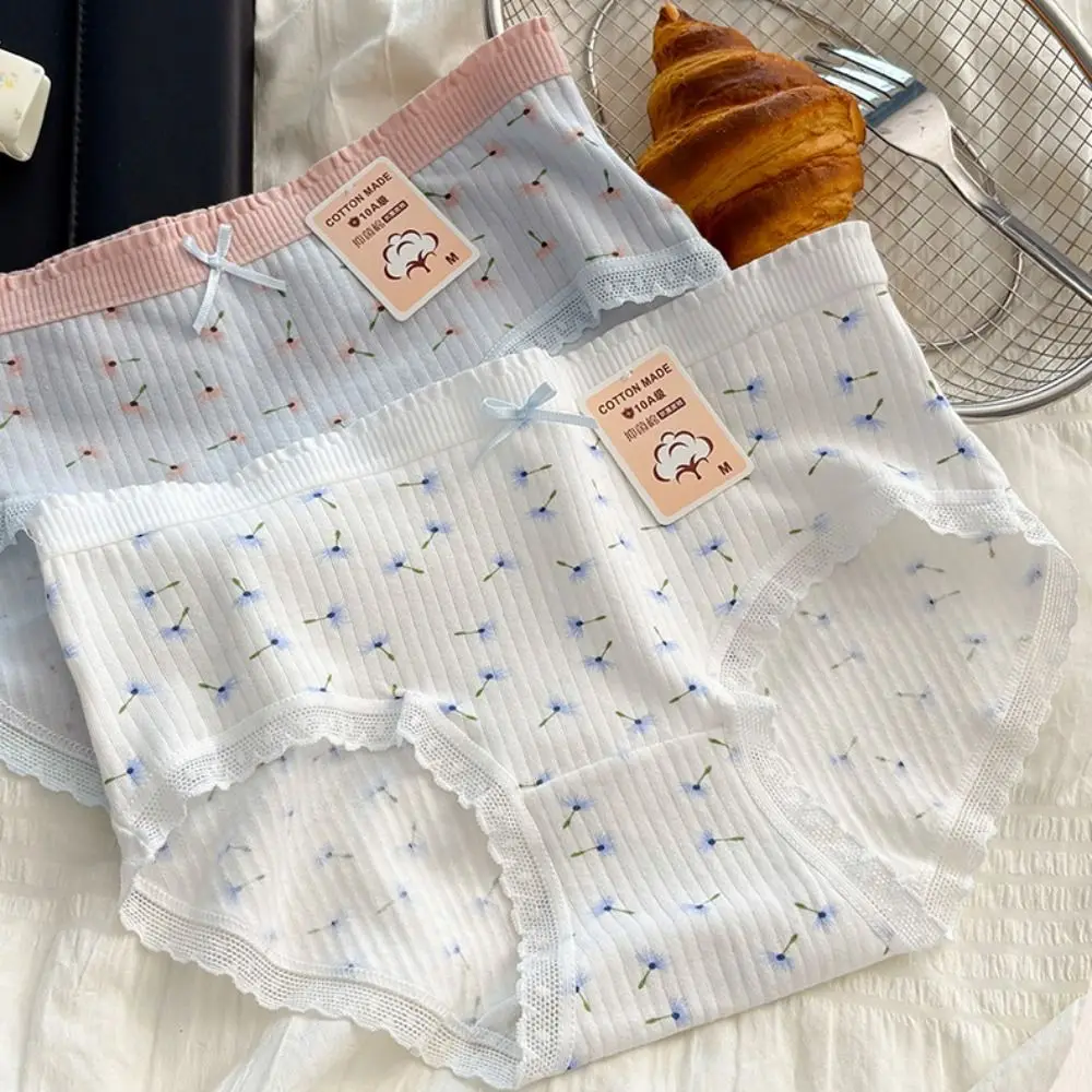 

5Pcs Bowknot Lace Flower Panties Cotton Crotch Underpants Sweet Floral Briefs Mid Waist Lingerie Underwear for Women Girl