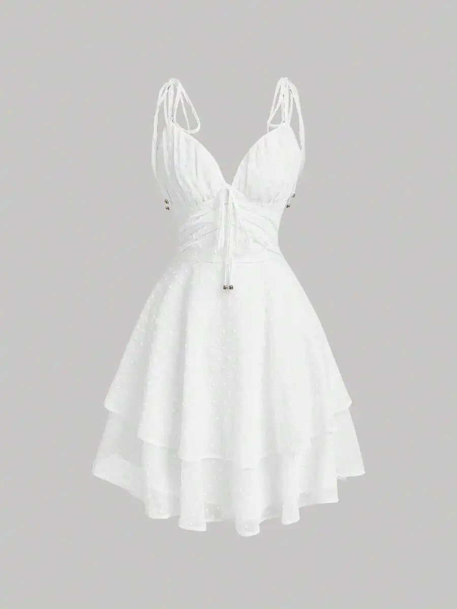 Vestido camisero blanco con tirantes de lunares suizos para graduación o baile de graduación
