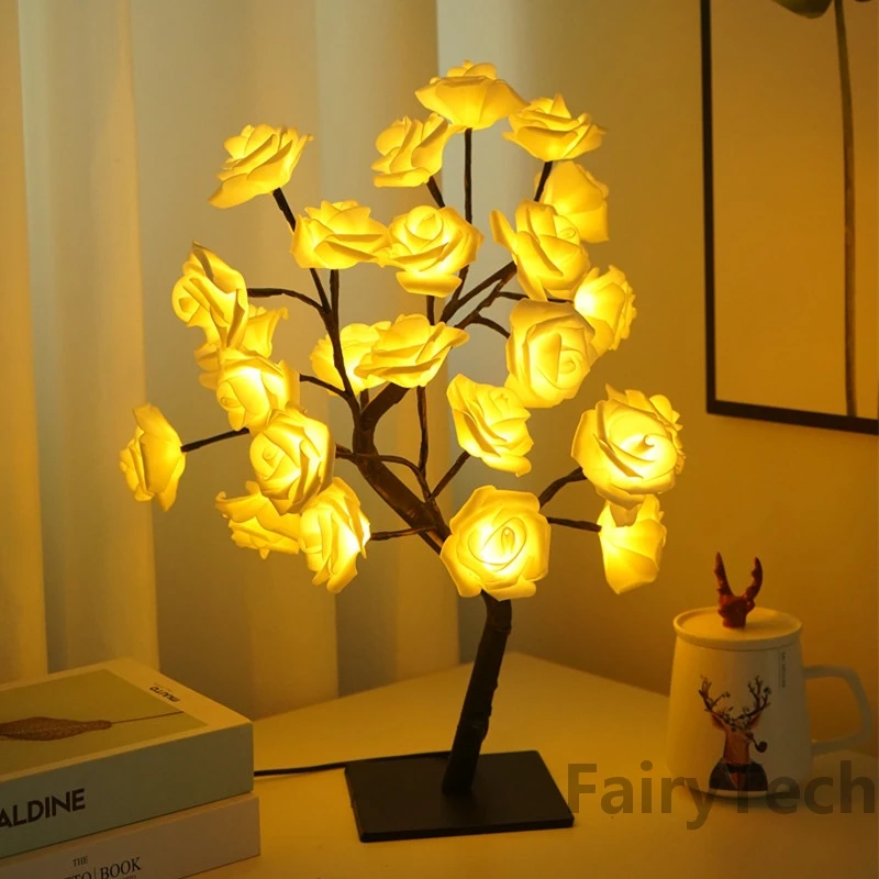 Lampe de Table à 24 LED en Forme d\'Arbre à Roses, Veilleuse USB, Luminaire Décoratif d\'Nik, Idéal pour une Chambre d\'Enfant ou comme Cadeau de Noël