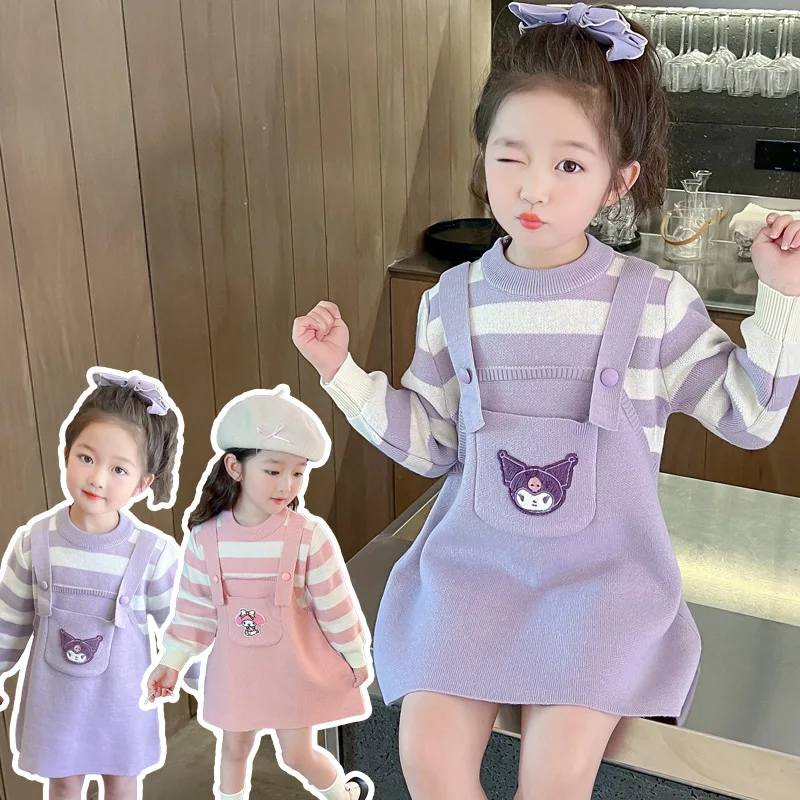 Sanrios cute Girl Strap Two Fake Pieces Sweater Dress Melody Kuromi Anime Autumn New Kawaii fashion Cartoon Children Clothing