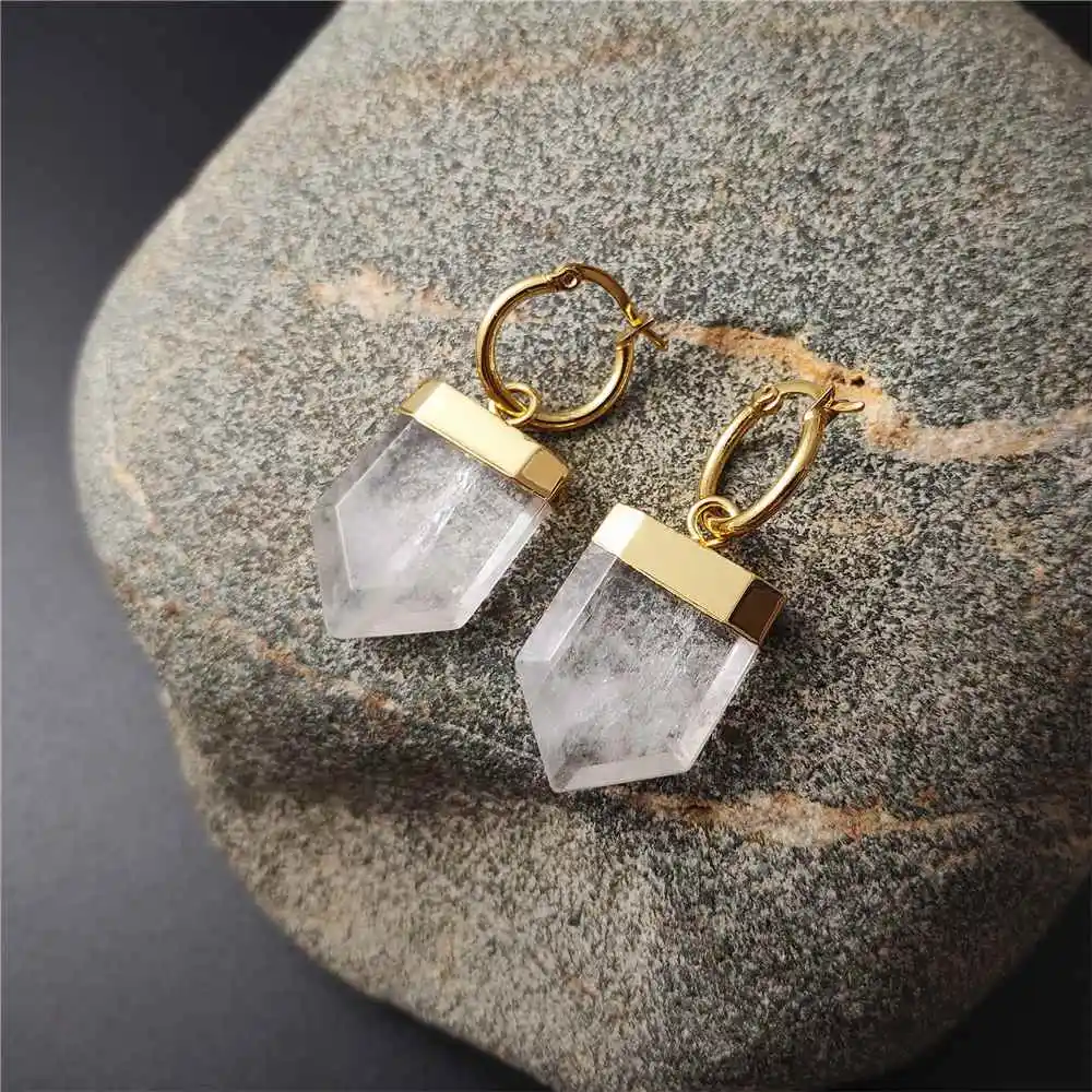 FUWO Carved Shield Shape Clear Quartz Earrings,Golden Plated Handmade Natural White Crystal Jewelry Wholesale ER211 5Pairs/Lot