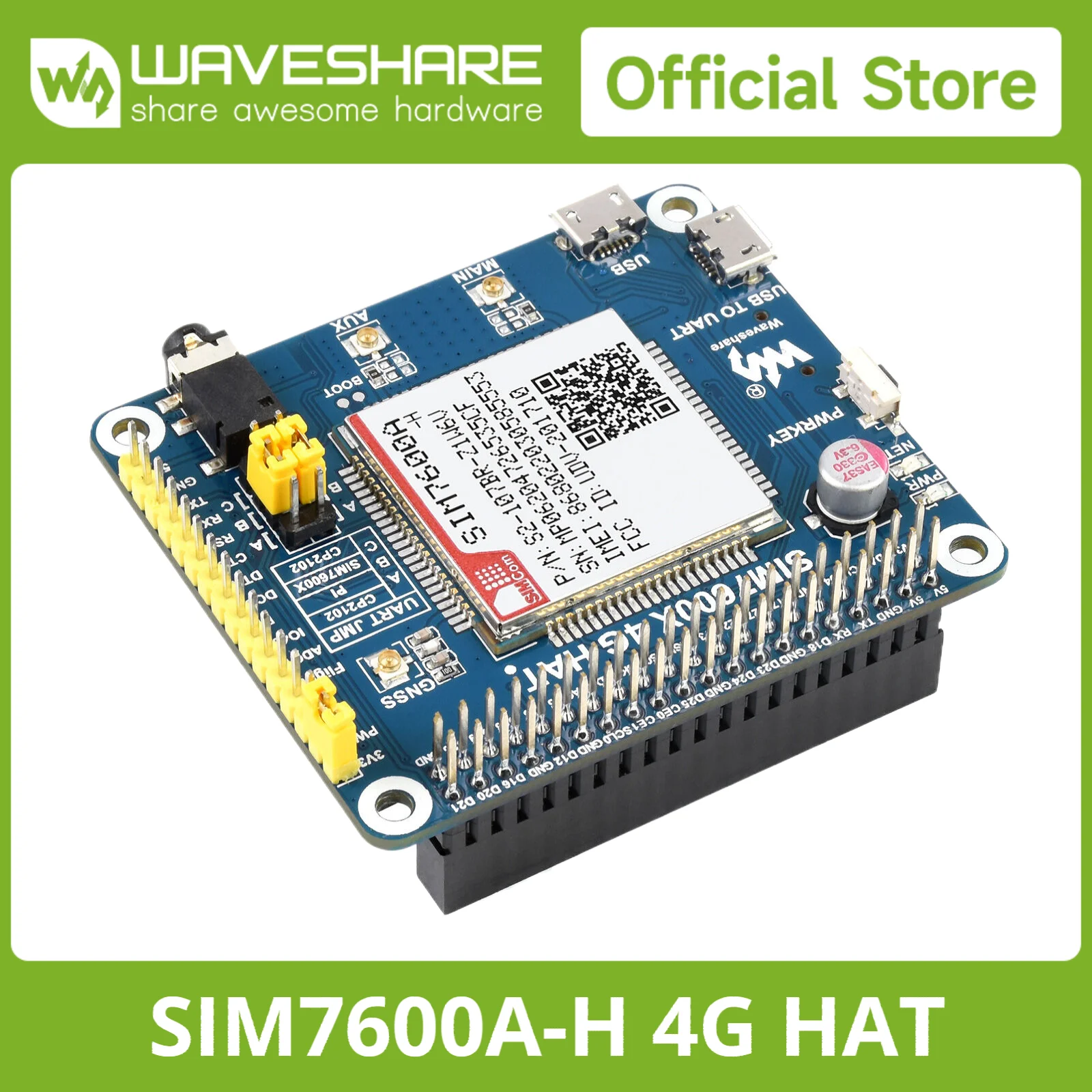 

Waveshare SIM7600A-H 4G HAT for Raspberry Pi, SIM LTE Cat-4 4G / 3G, GNSS, Modem for North America, Cellular,